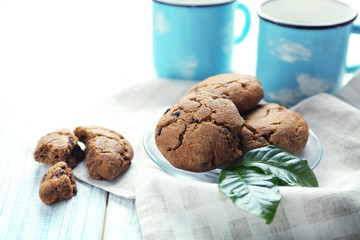 Delicious coffee cookies on kitchen table, closeup
