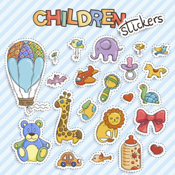Set of funny doodle stickers for children. Tag collection.