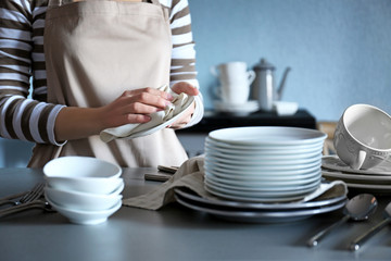Closeup of female hands cleaning saucer