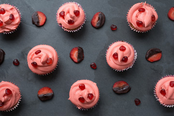 Cupcakes with Candy Hearts and Strawberry Slices for Backgrounds