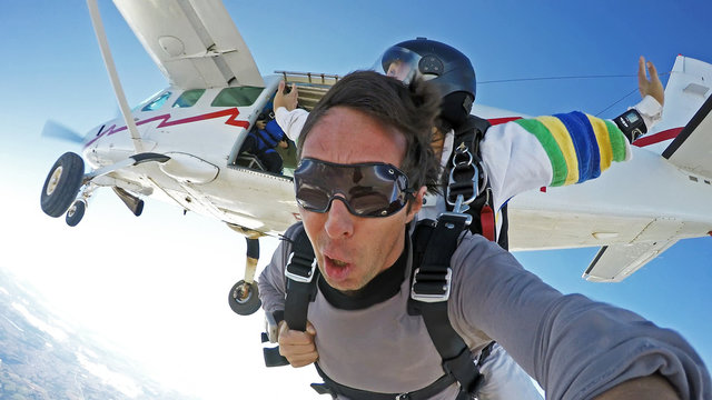 Self portrait skydiving tandem jump from the plane