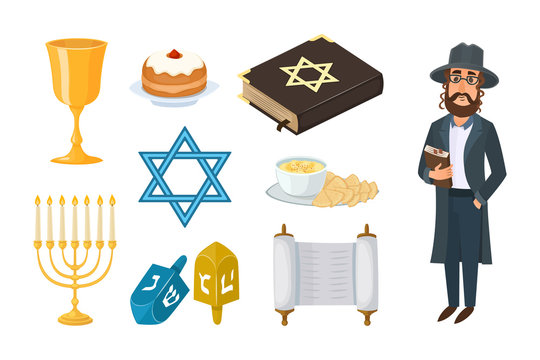 Judaism church traditional symbols isolated hanukkah religious design and synagogue passover hebrew character torah menorah holiday jew vector illustration.