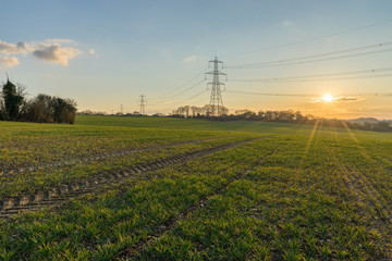 Meadow and Electricity Pylon - UK standard overhead power line transmission tower at sunset
