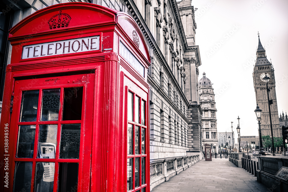 Wall mural vintage photo of red telephone box and big ben