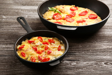 Freshly baked pizza in a pan