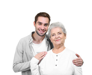 Grandmother with adult grandson on white background