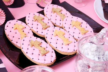 Table with tasty sweets prepared for birthday party, closeup