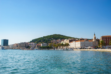 Fototapeta na wymiar Waterfront resort town, view from the sea. Split Croatia