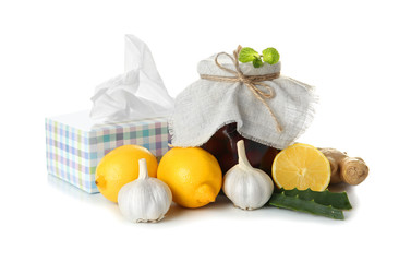Beautiful composition with natural cold remedies on white background