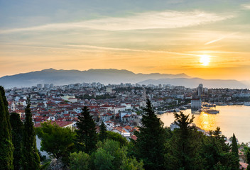 Naklejka premium Aerial Panorama of Split at sunrise viewed from Marjan Park, Croatia