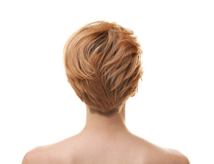 Young woman with trendy hairstyle on white background