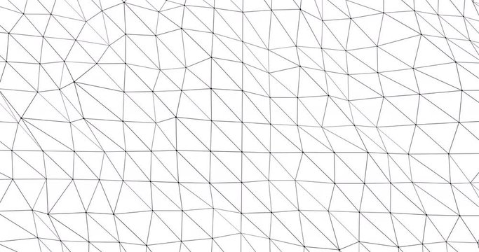 Abstract slowly moving pattern of thin black lines connected to triangles on white background, waving flat surface of striped squares tessellated to triangles with small circles in intersections