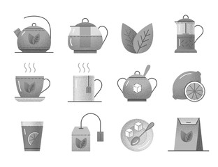 Set of vintage tea icons. Pictogram collection with cup, teapot, leaf of mint, nature beverage, sugar and spoon, teabag, lemon and paper pack. Black and white design elements with retro texture.