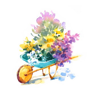Watercolor Teal Blue Garden Cart Wheelbarrow With Beautiful Flowers Hand Painted Summer Vintage Illustration isolated on white background