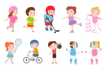 Young kids sportsmens future roller skates gymnastics isolated on white and children young winners after sport school team players vector illustration.
