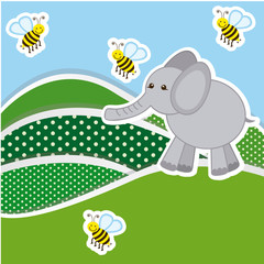 color mountains with bees and elephant icon, vector illustraction