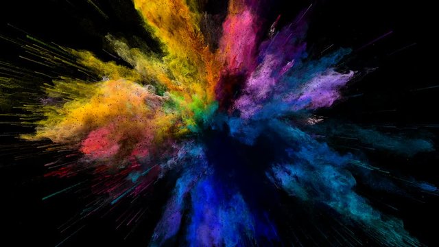 Cg animation of color powder explosion on black background. Slow motion movement with acceleration in the beginning and orbiting camera. Has alpha matte.