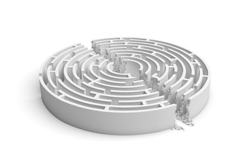 3d rendering of a white round maze with its walls broken by a straight line of rumble dividing the maze in half.
