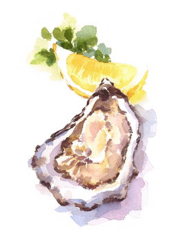 Oyster Lemon Wedge hand painted watercolor food illustration isolated on white background