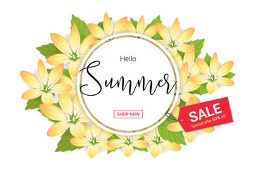 Summer Flowers banner or poster for holiday sales event with blossom flowers frame