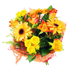 Bouquet of gerbera, carnations and other flowers isolated on white background.