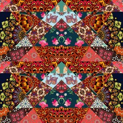 Fototapeta premium Festive patchwork pattern in ethnic style with flower - mandala, mallow, rose, house, elephant and abstract prints. Bright illustration. Hippie design. Blanket, wrapping, pillowcase.