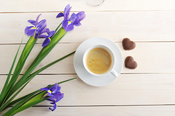 morning romantic Breakfast coffee mug, chocolate heart and flowers iris