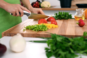 Close up of  woman's hands cooking in the kitchen. Housewife slicing ​​fresh salad. Vegetarian and healthily cooking concept