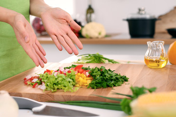 Close up of  woman's hands cooking in the kitchen. Housewife slicing ​​fresh salad. Vegetarian and healthily cooking concept