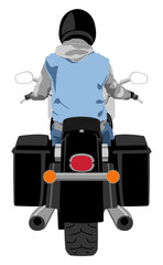 Touring motorcycle with rider rear view isolated vector illustration