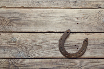 Rusty horseshoe on old wooden board.