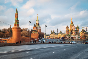 Fototapeta premium Kremlin and Cathedral of St. Basil at the Red Square in Moscow, Russia, outdoor landmarks. Famous sightseeing points of Moscow city center.