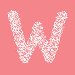 The letter W, in the alphabet Heart flower bush illustration set flat design white color isolated on pink background, vector eps10