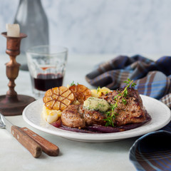 Fried Pork with Herb Butter and Mashed Potatoes