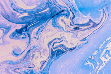 Violet cyan  azure marbling texture. Creative background with abstract lines oil painted, handmade surface. Liquid paint.