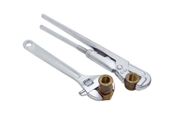 Plumber wrench, adjustable wrench and two plumbing components