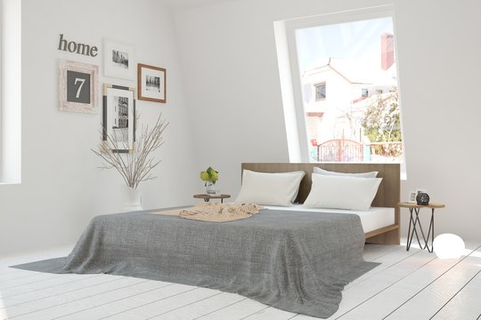 White modern bedroom. Scandinavian interior design