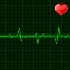 Green electrocardiogram. Waves with red heart symbol