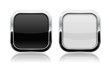 Black and white buttons. Shiny square 3d icons with metal frame