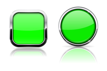Green buttons. Shiny glass square and round buttons with chrome frame