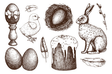 Vector collection of cute retro illsutrations for easter design. Happy Easter Day design elements. Vintage hand drawn sketch set.