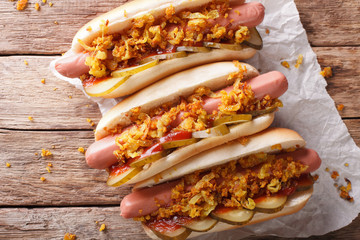 Danish street food: hot dogs close-up. horizontal top view