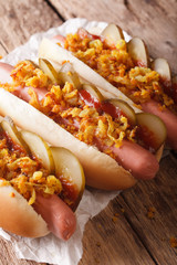 Danish hot dogs close-up. vertical