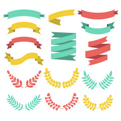 Obraz premium Big vector set of different laurels, wreaths and ribbons in modern flat style.