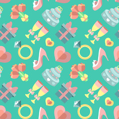 Wedding vector seamless pattern with gift, heart, stemware, rings etc. in flat style. Bridal endless flat background.