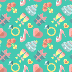 Wedding vector seamless pattern with gift, heart, stemware, rings etc. in flat style. Bridal endless flat background.