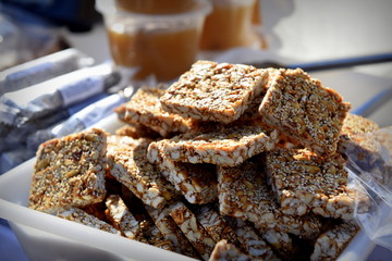 sweet with caramelized nuts and sesame seeds