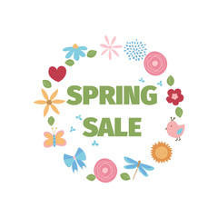 Spring sale template with flowers and birds