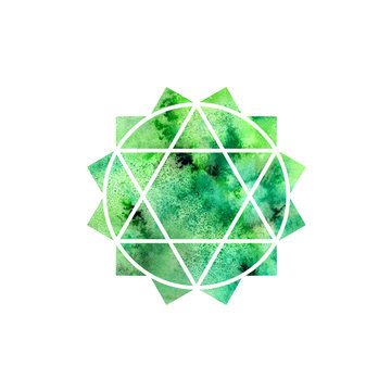 Anahata chakra. Sacred Geometry. One of the energy centers in the human body. Object for design intended for yoga. Watercolor. Raster copy.