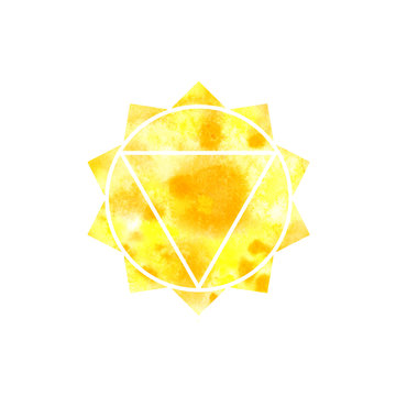Manipura chakra. Sacred Geometry. One of the energy centers in the human body. The object for design intended for yoga. Watercolor. Raster copy.